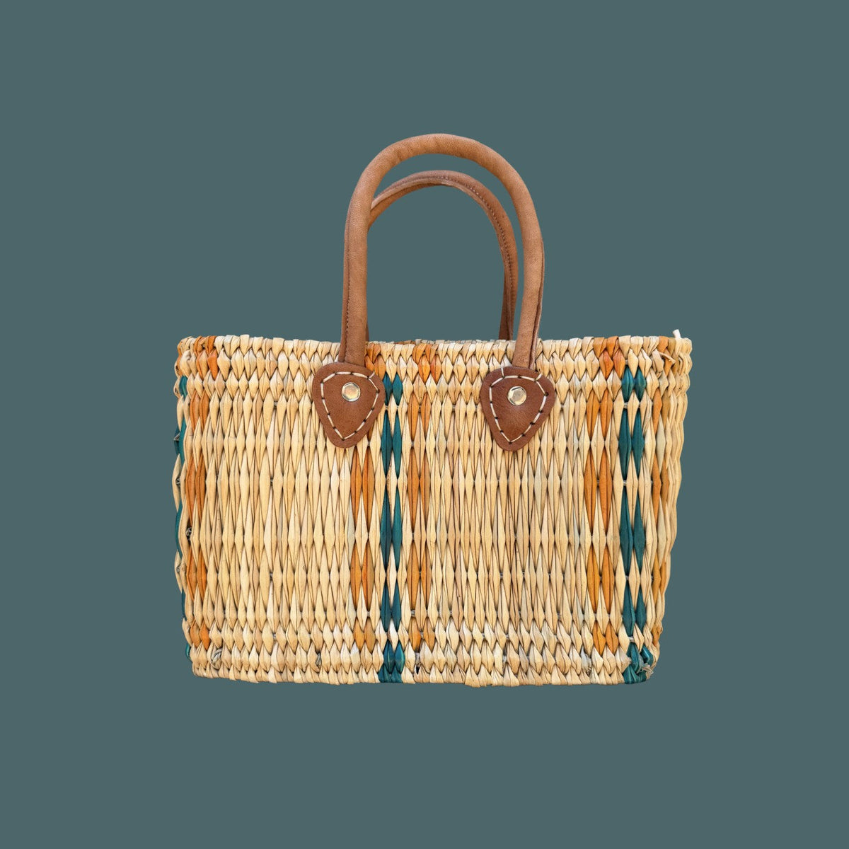 Structured Moroccan Market Basket Tote with Leather Handles with Accent Colors