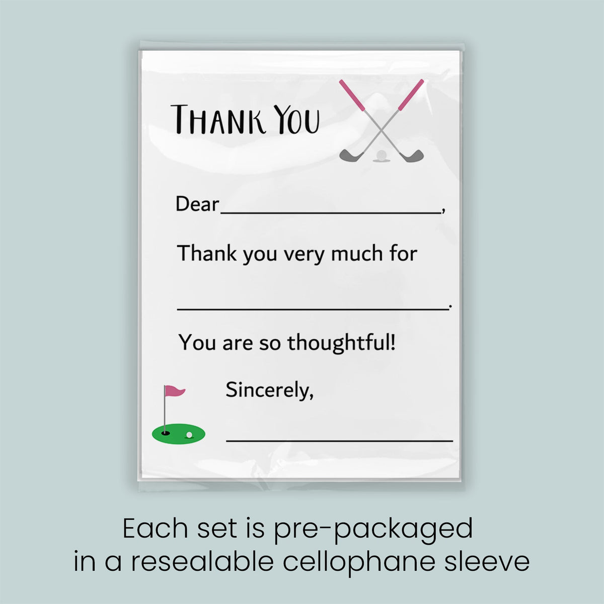 The image is a thank you card with a golf-themed design, and each set is pre-packaged in a resealable cellophane sleeve.