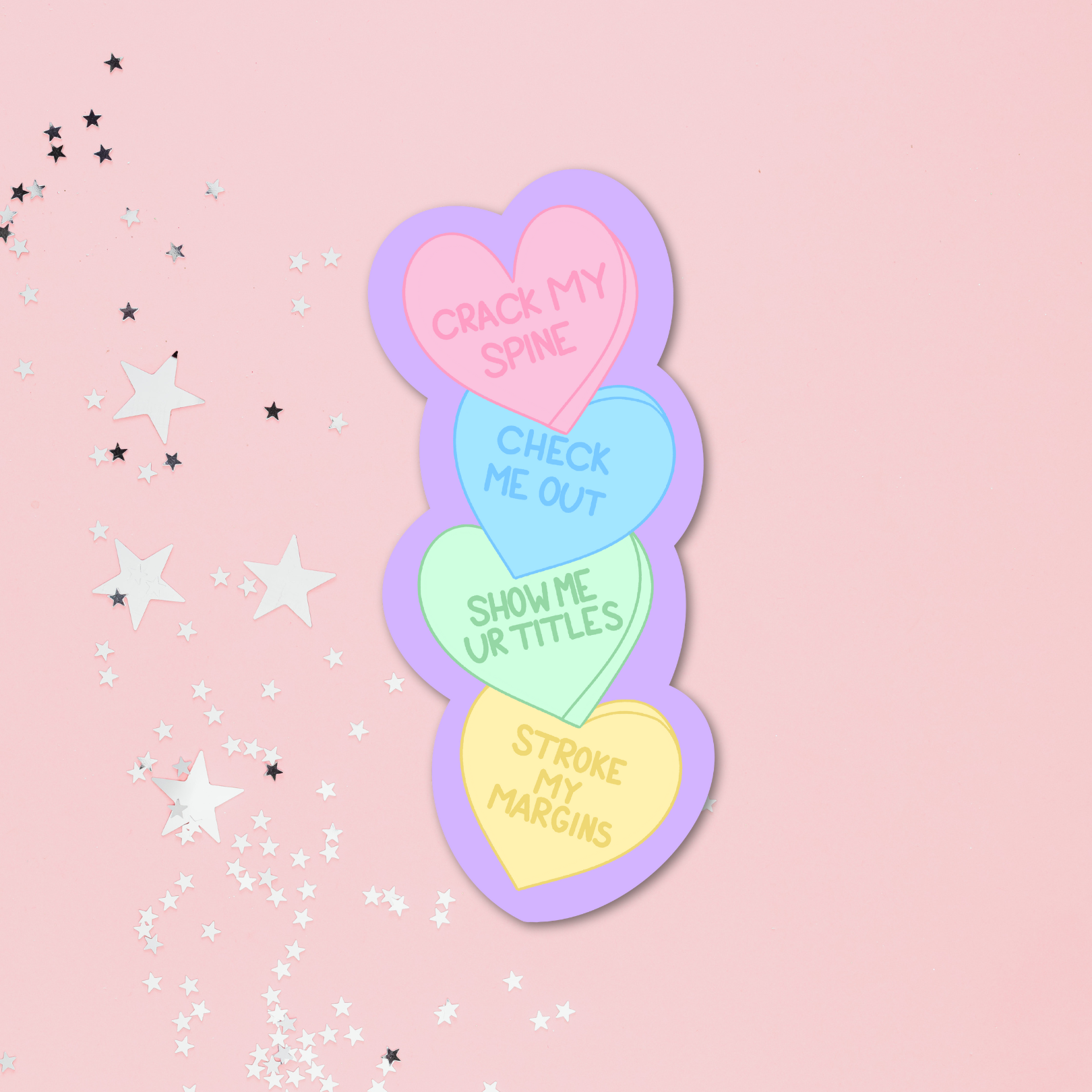Heart-shaped pastel stickers with humorous text on a pink background with star decorations