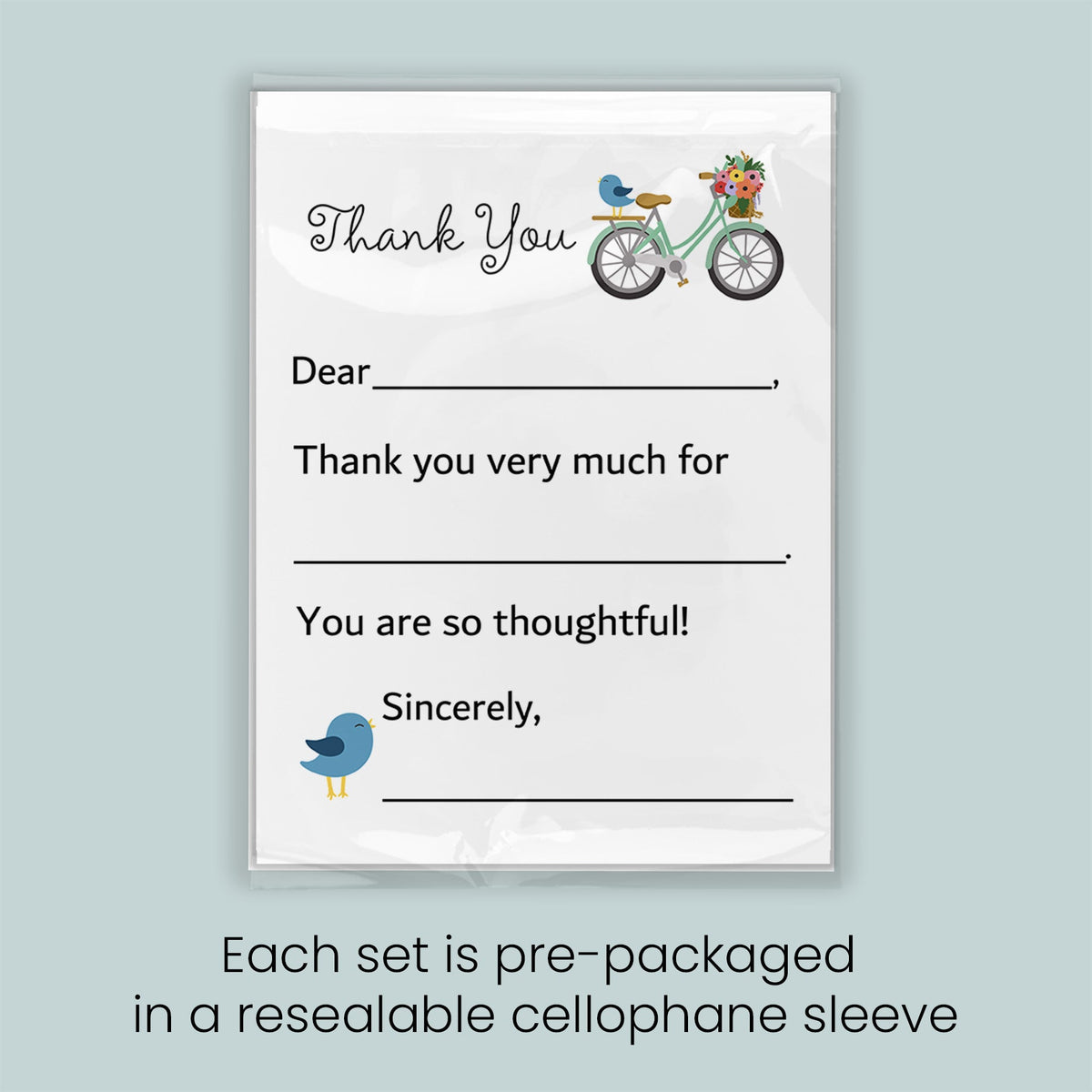 The image is a thank you card with a bicycle and a bird on it. Each set is pre-packaged in a resealable cellophane sleeve.