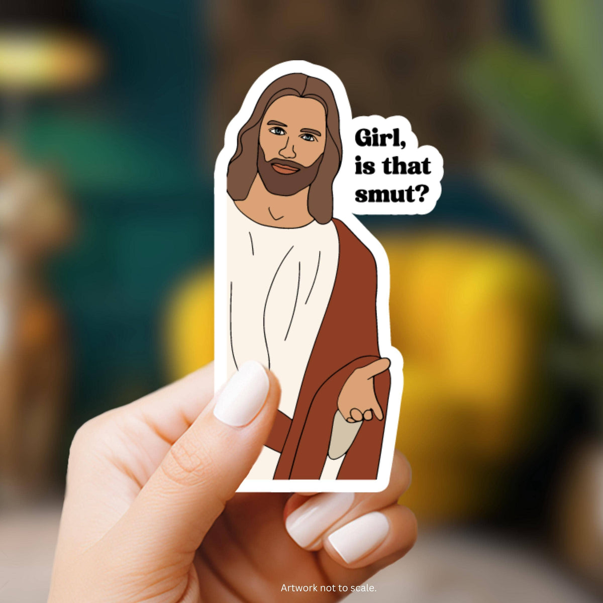 Cartoon character resembling a religious figure with a humorous text bubble held by a hand.