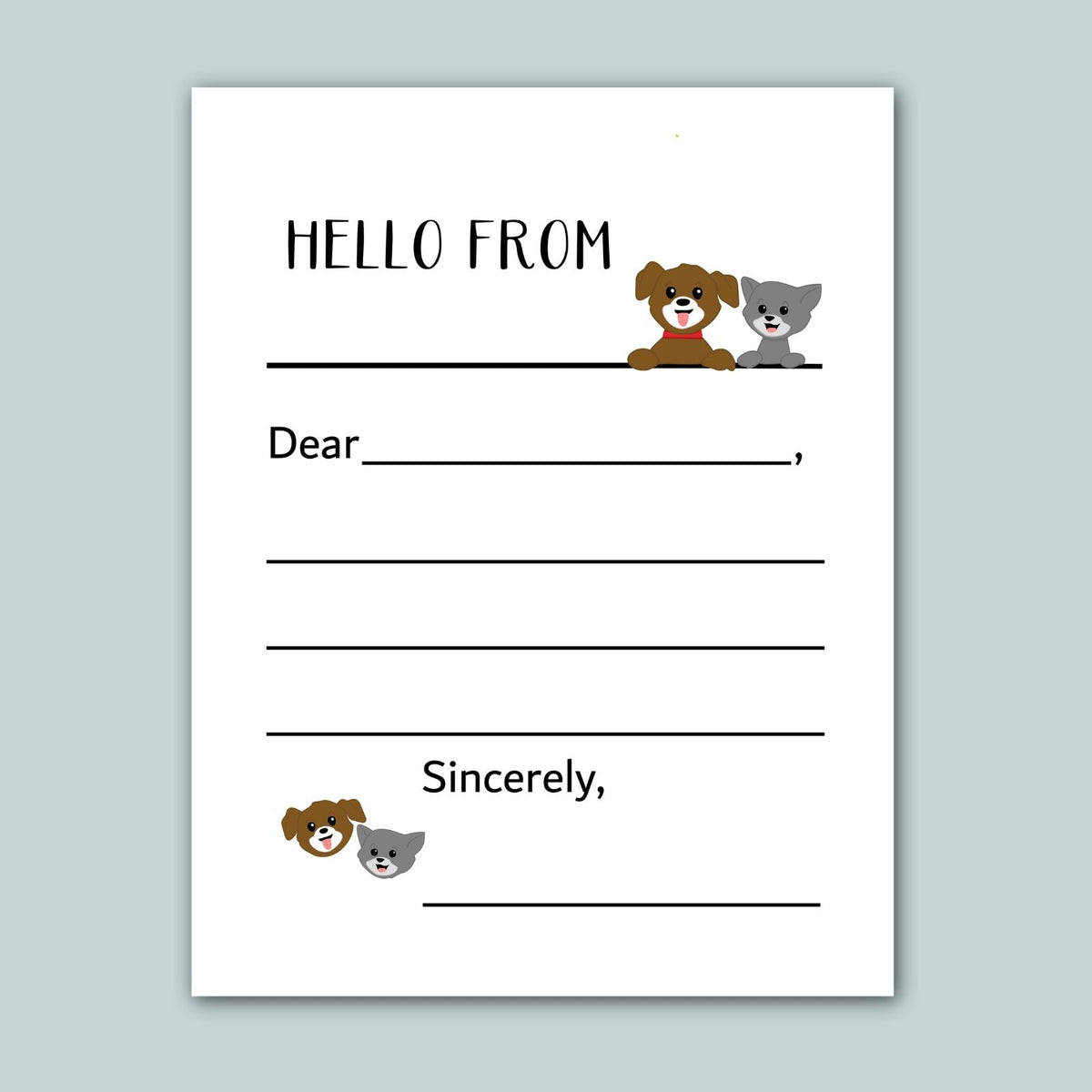 a blank letter addressed to someone named Sincerely, with a playful and friendly tone. The letter is decorated with a cartoon image of a dog and a cat, adding a lighthearted touch to the message.