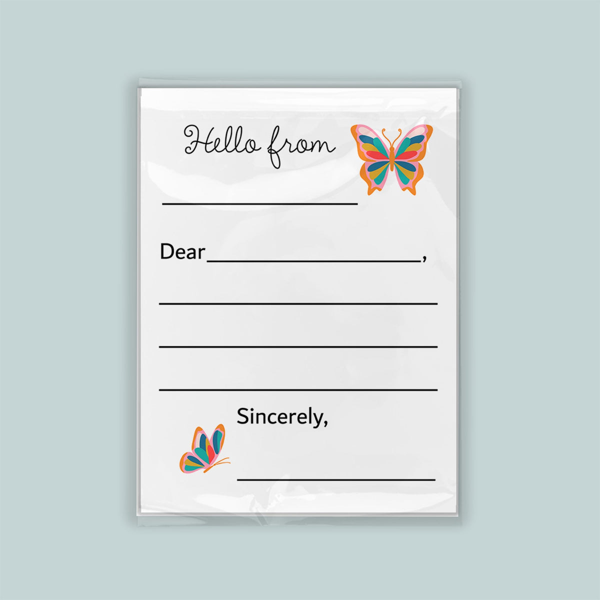 The image is a blank letterhead with a message that reads "Hello from" and includes a butterfly illustration.