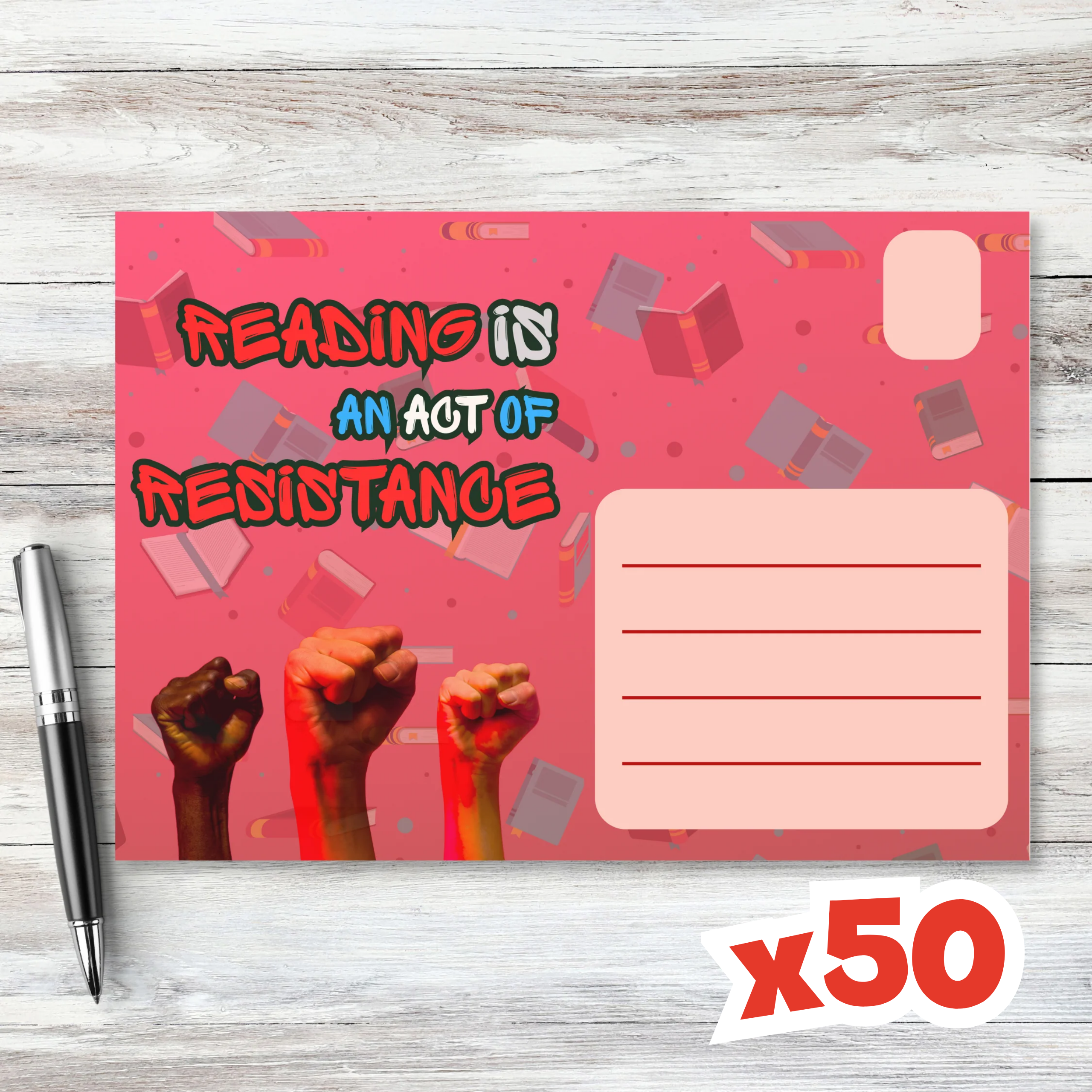 Postcards to Voters: Reading is Resistance Red Postcard, Anti-Book Ban GOTV Mailer