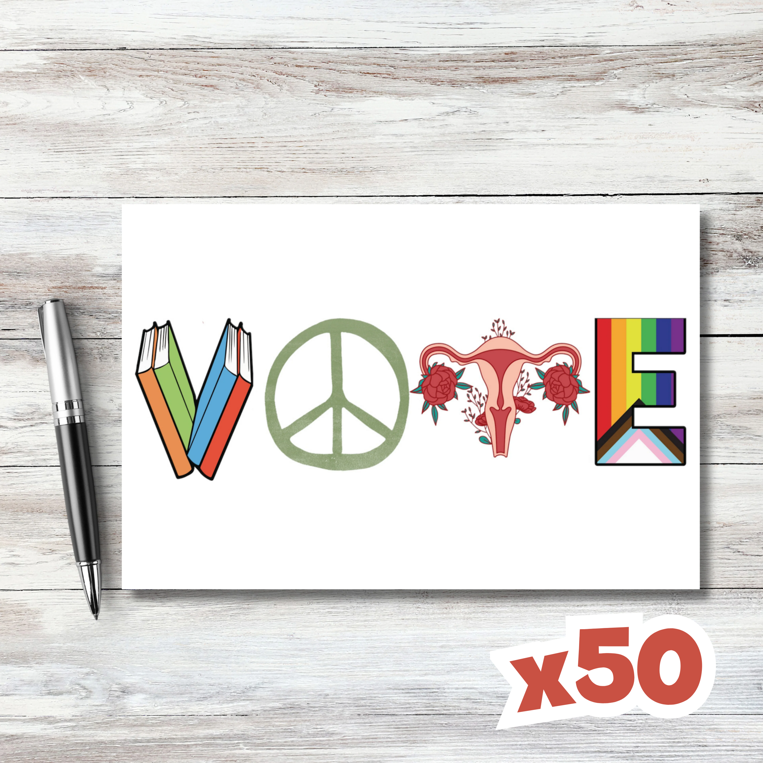 Postcards to Voters: VOTE Icon Postcard, Books Peace Reproductive Rights Pride GOTV Mailer