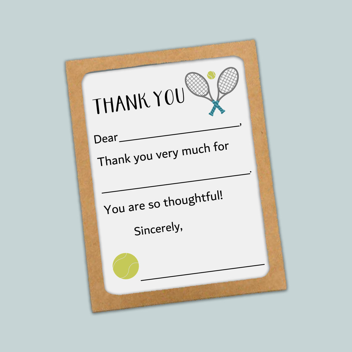 The image is a framed card with a tennis racket and ball design, and it contains a message of thanks.