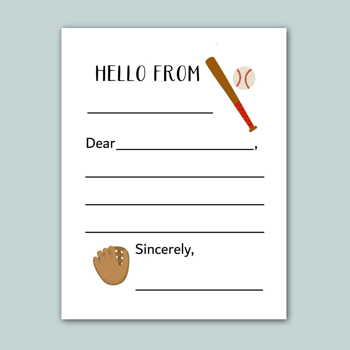 a baseball-themed letterhead with a baseball bat and ball, along with a blank space for a message.