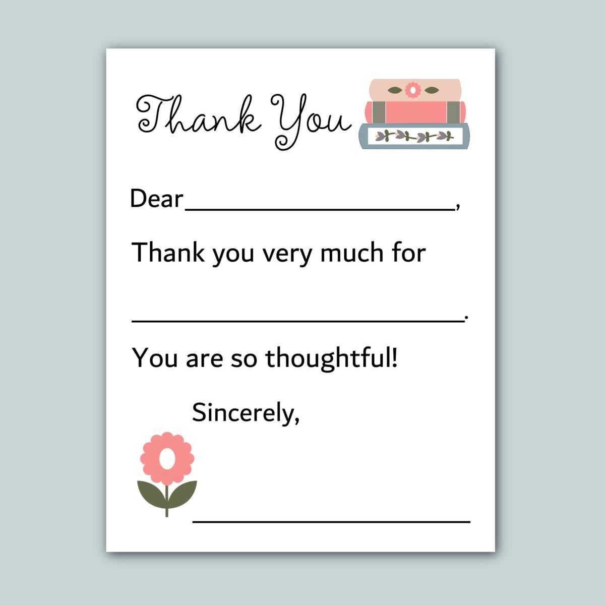 The image is a blank thank you card with a pink flower and a stack of books as decoration.
