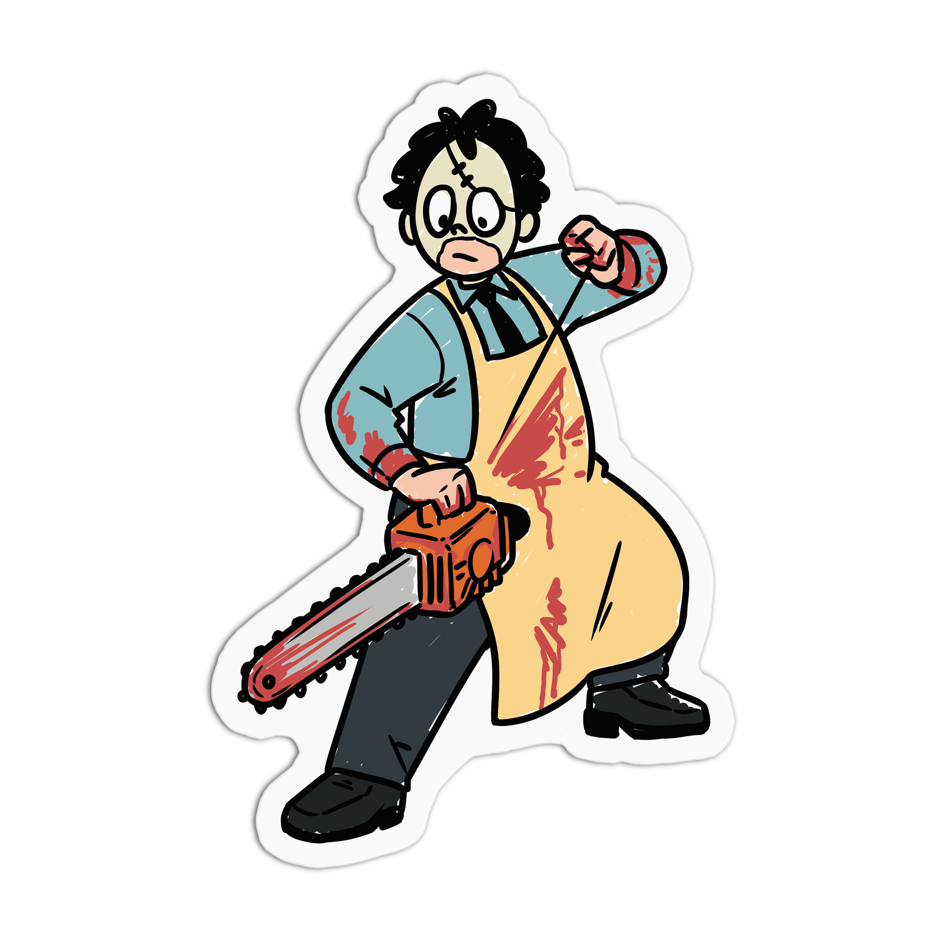 Cartoon character in an apron holding a chainsaw on a white background