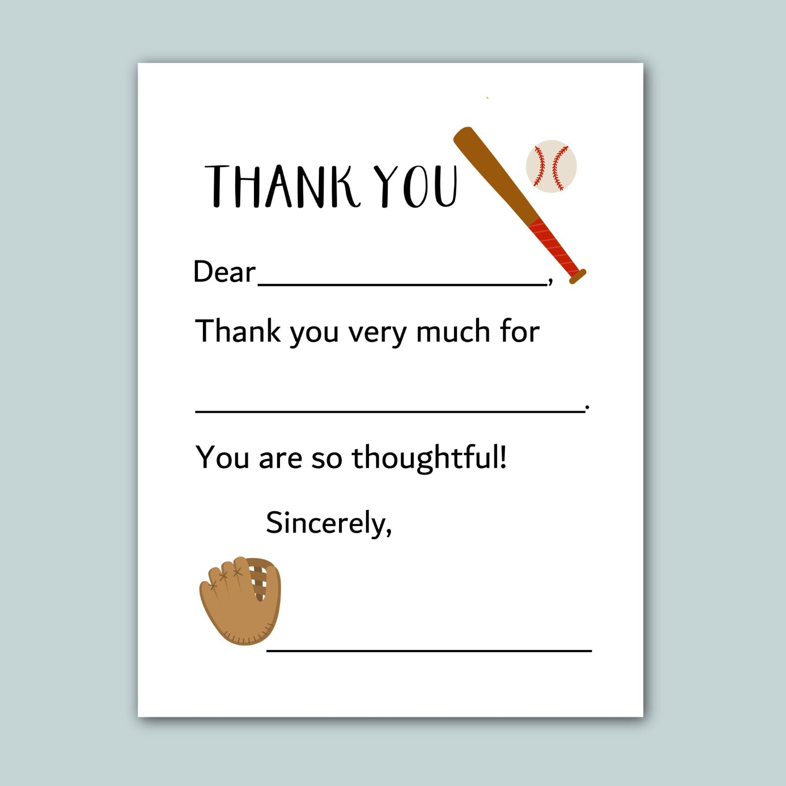 The image is a white card with a baseball bat and ball on it, along with a message expressing gratitude.
