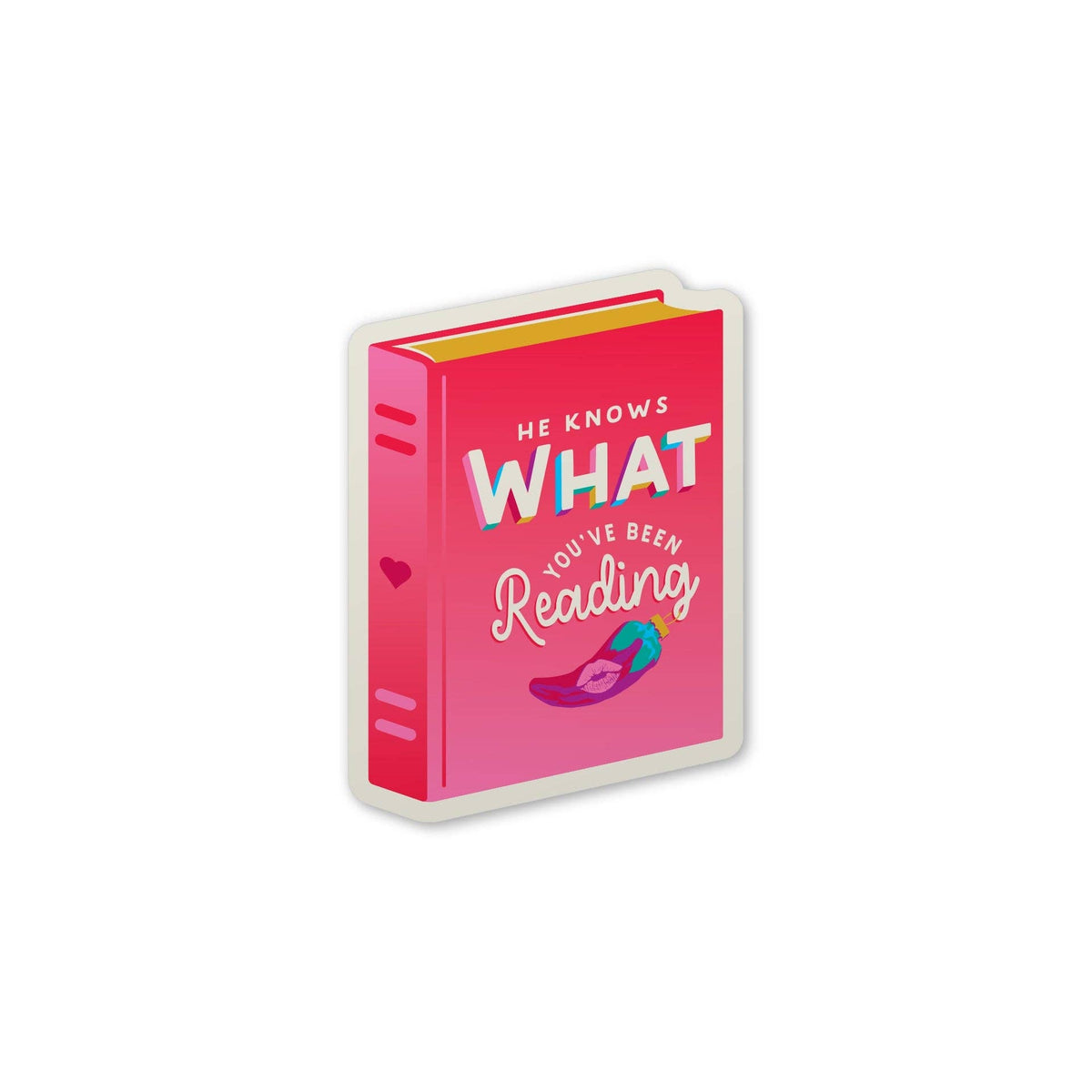 A pink novelty book-shaped sticker or decal with the text &