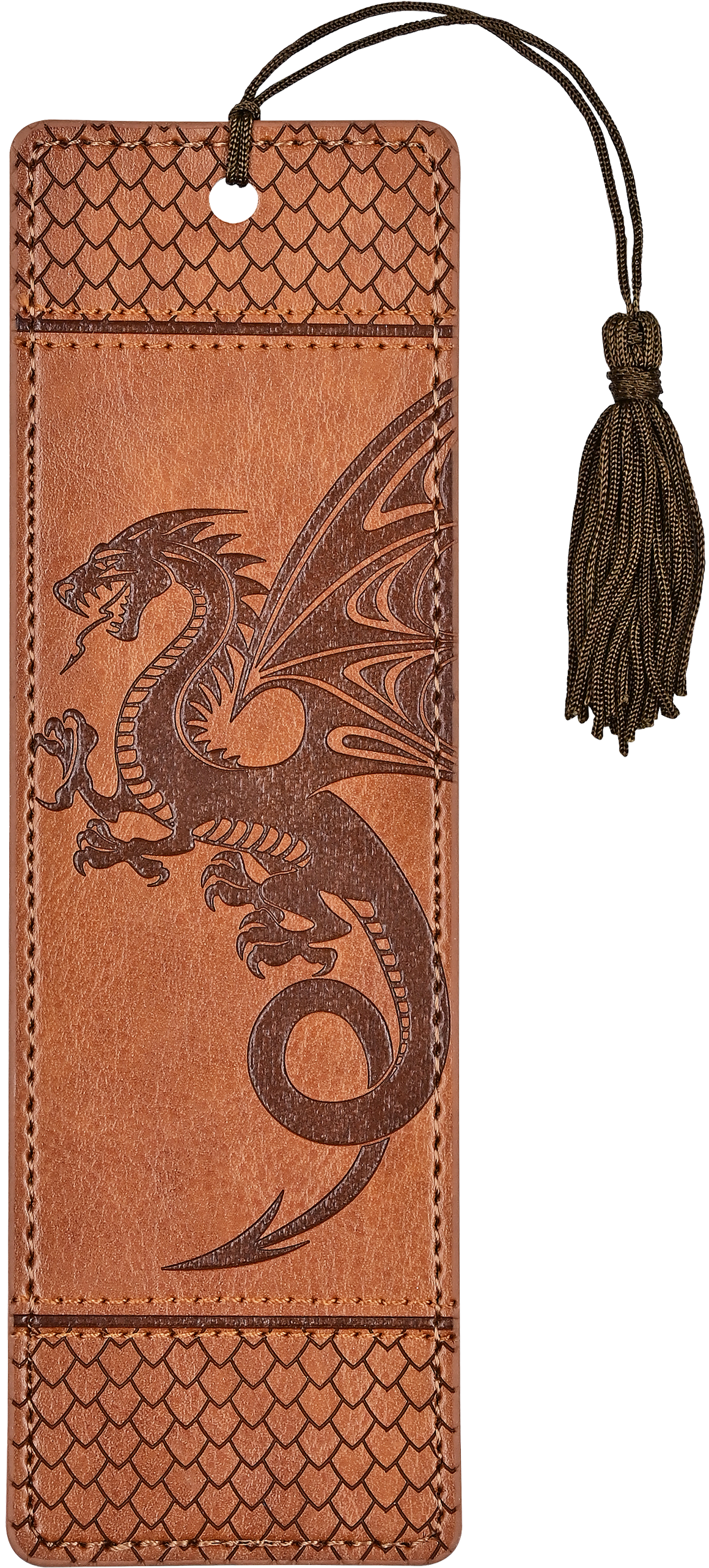 Brown leather bookmark with embossed dragon design and tassel