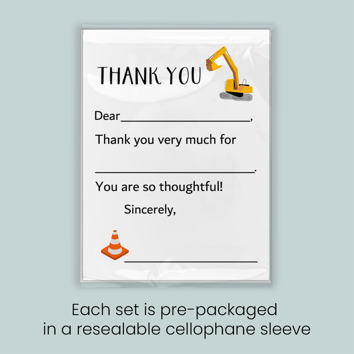 The image is a thank you card with a construction vehicle and a cone, and it is pre-packaged in a resealable sleeve. Each set is pre-packaged in a resealable cellophane sleeve.