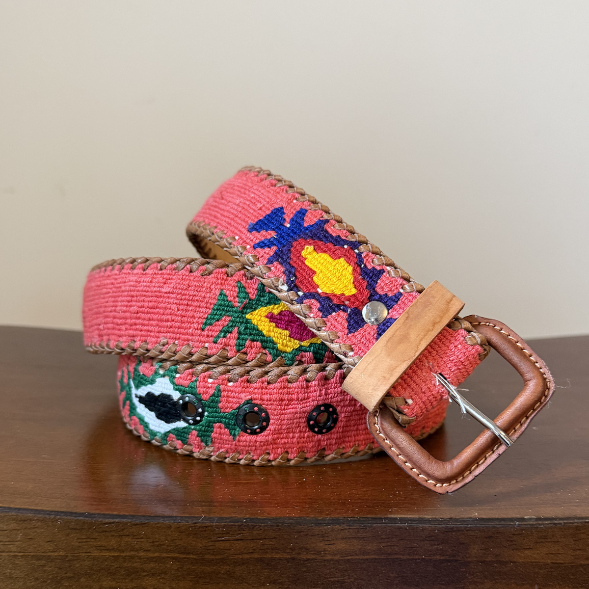 Pink-Coral Handwoven Guatemalan Whip-Stitched Belt