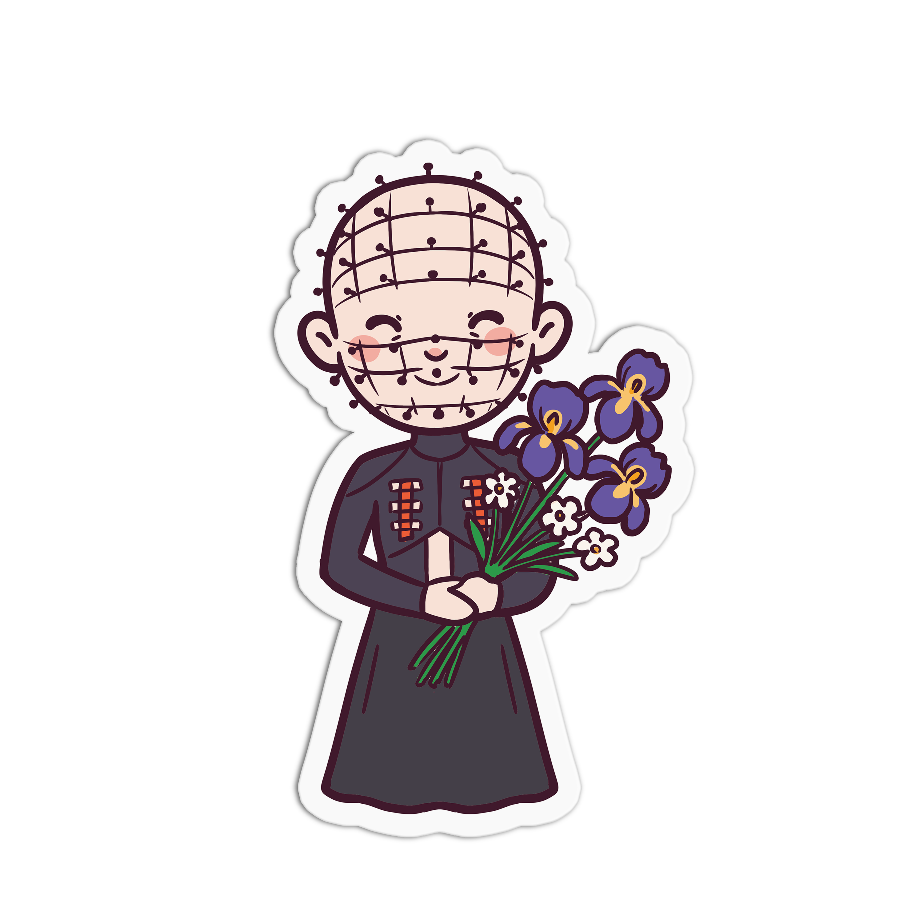 Cartoon character with a grid on head holding flowers on a white background