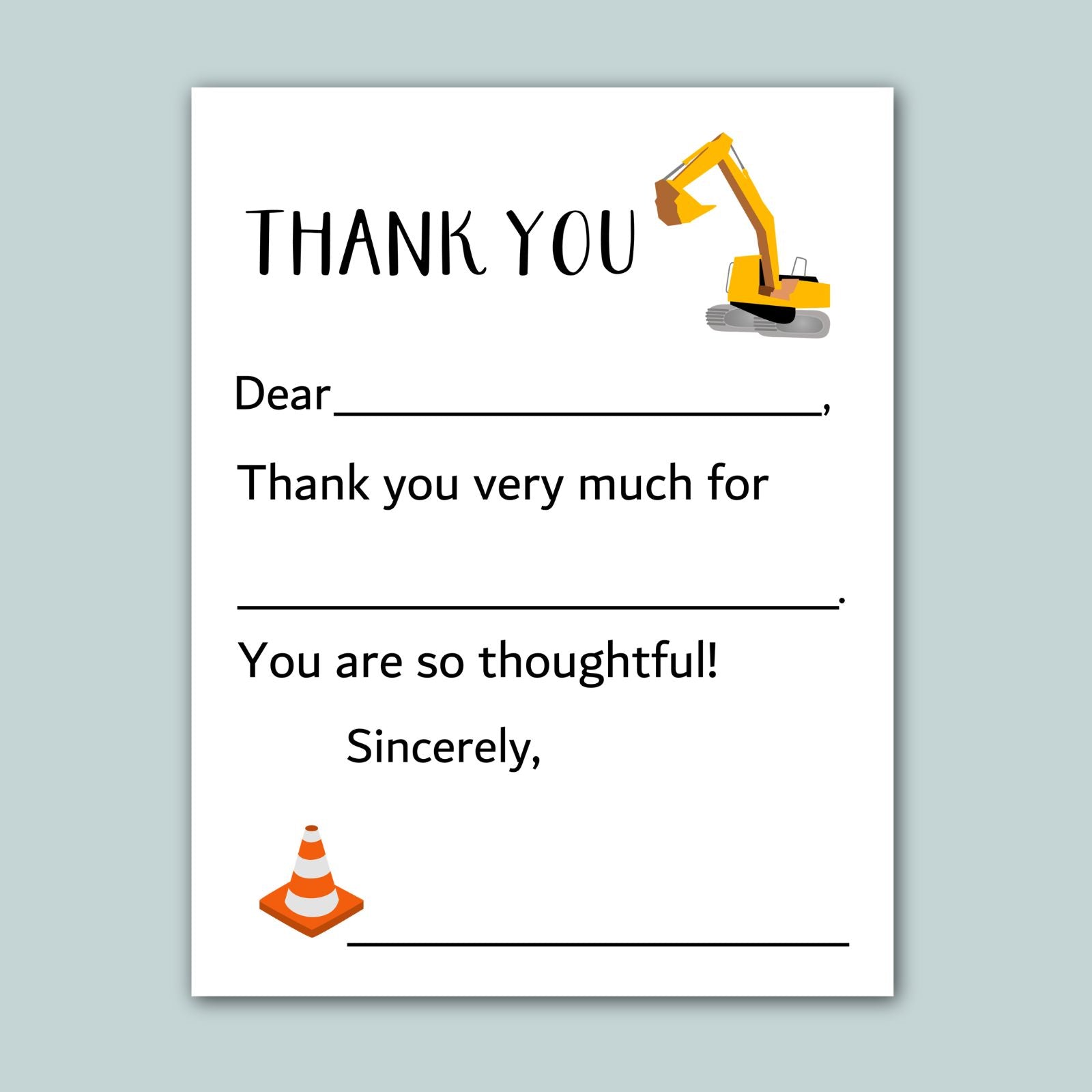 The image is a construction-themed thank you card with a construction vehicle and a cone. The card has a blank space for a recipient&