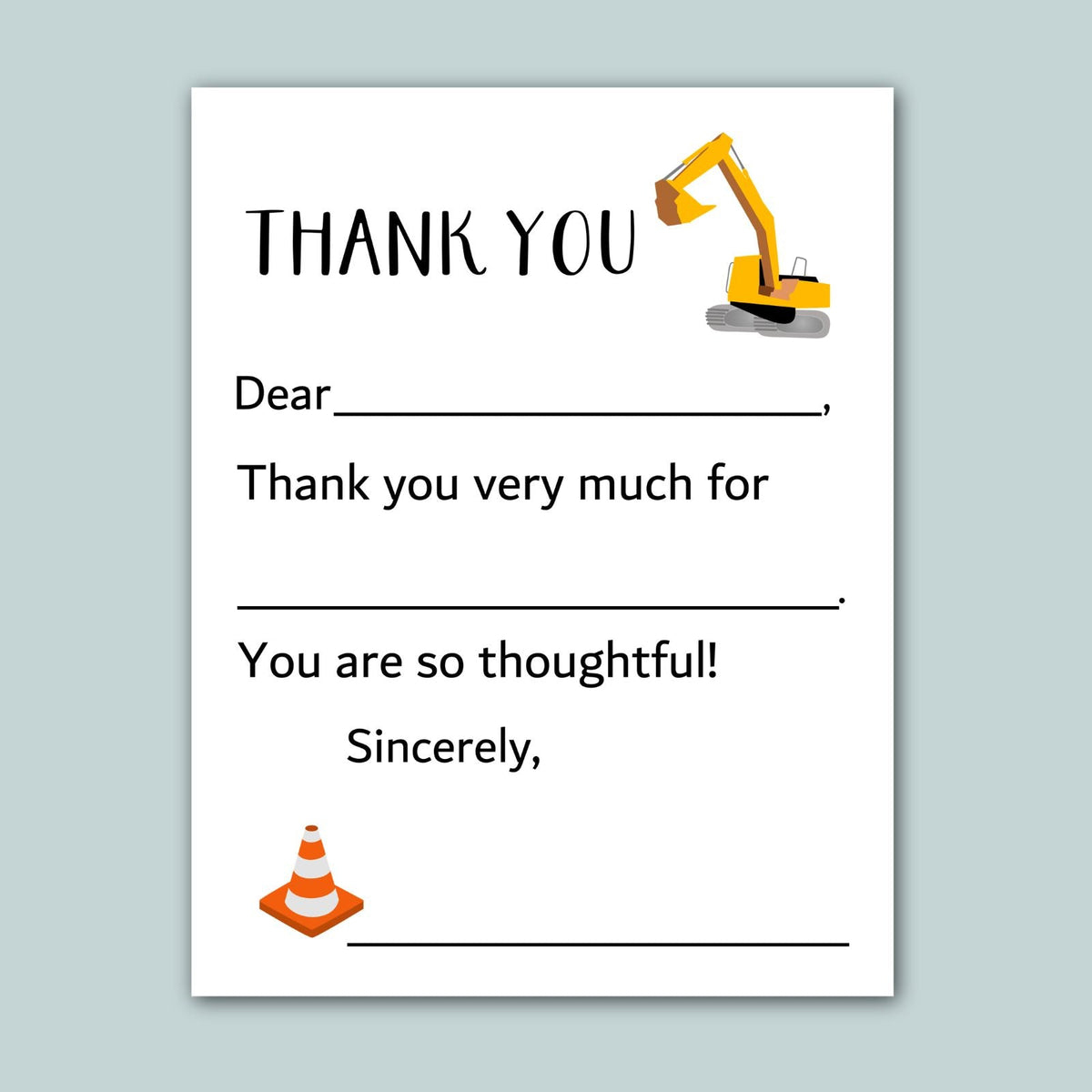 The image is a construction-themed thank you card with a construction vehicle and a cone. The card has a blank space for a recipient&