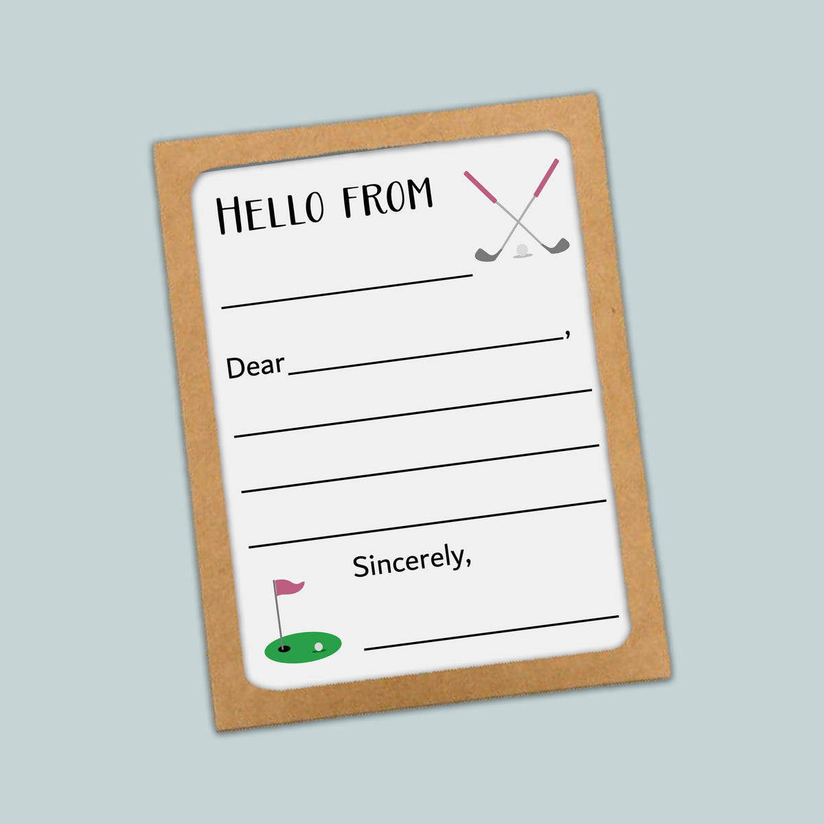 The image is a greeting card with a blank space for a message and a golf club graphic.