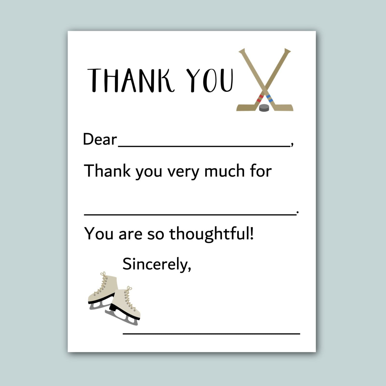 The image is a white card with a hockey rink and skates on it, along with a hockey stick and a puck. The card has a message written on it, expressing gratitude, and it is addressed to someone.