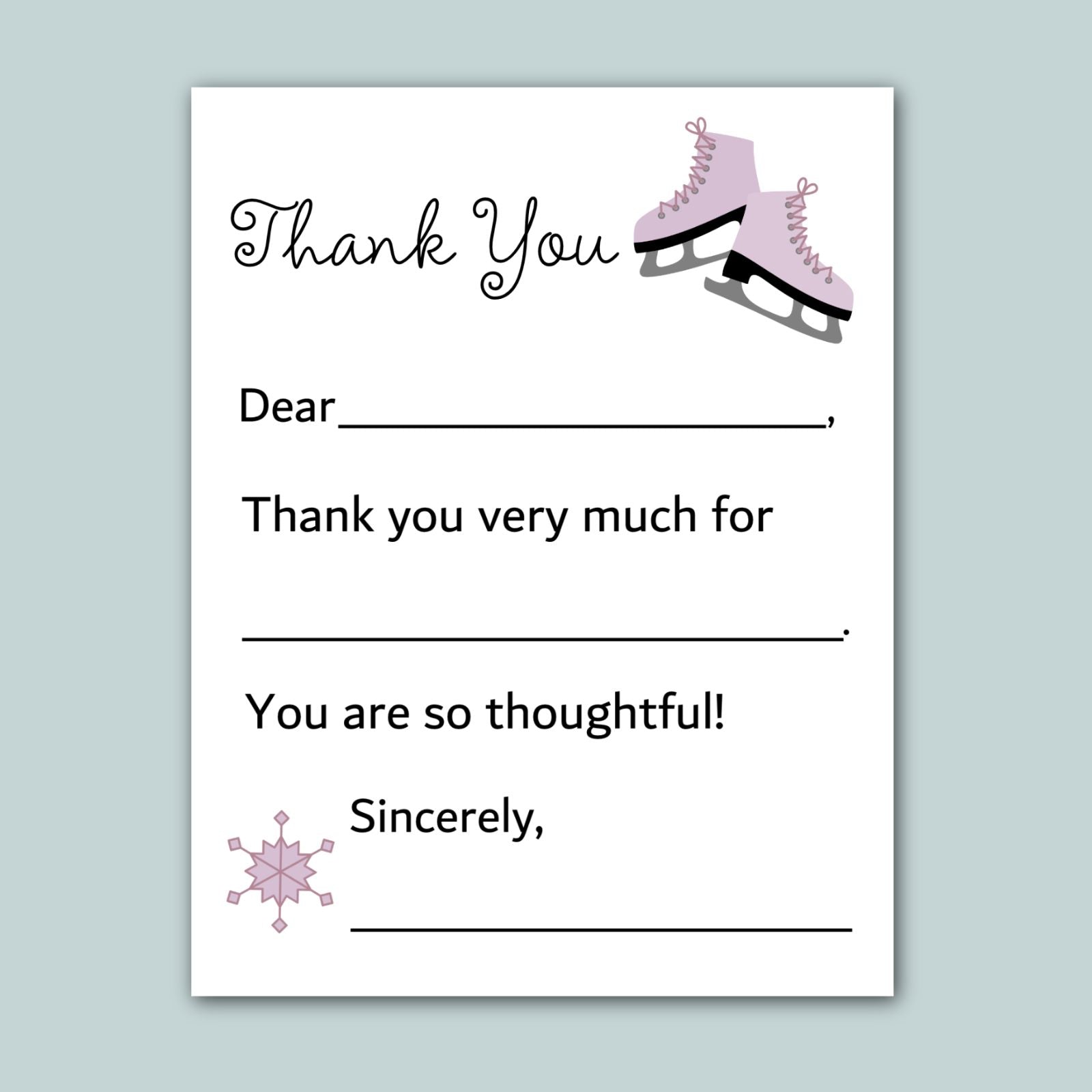 The image is a white card with a pair of pink ice skates on top, and it contains a message of gratitude.