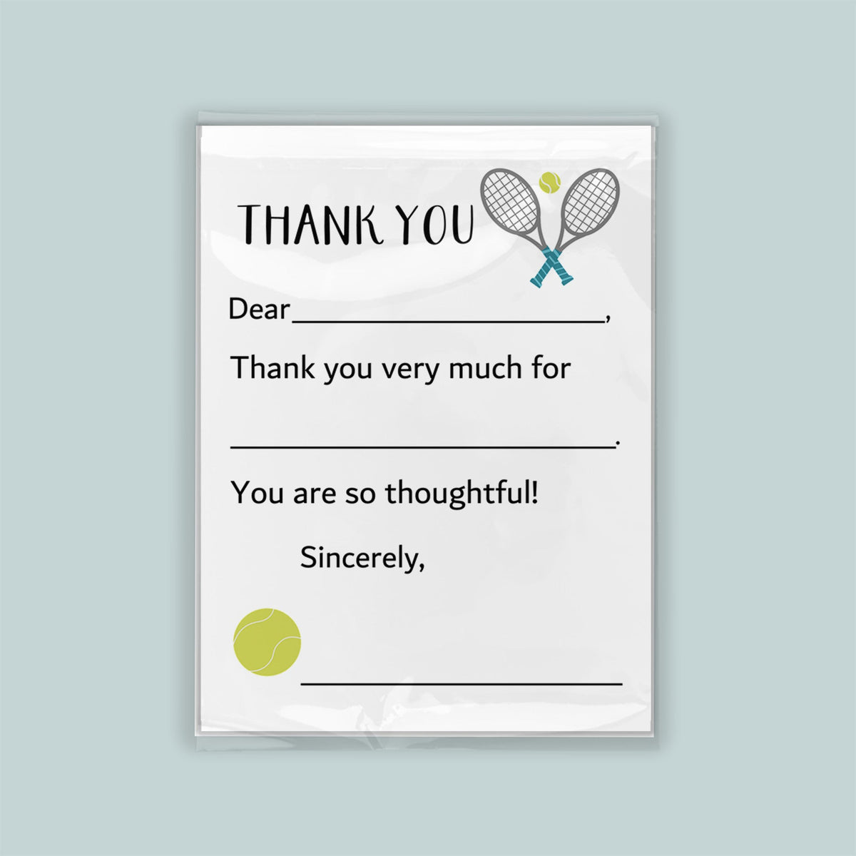 The image is a white card with a tennis racket and ball graphic, and a message expressing gratitude.