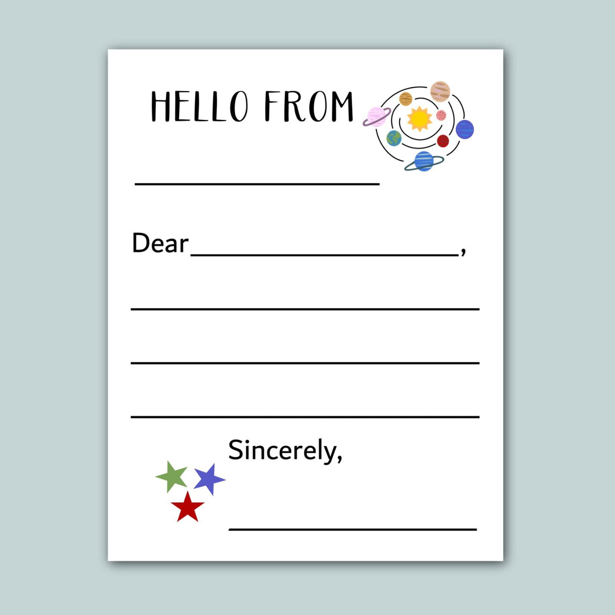 The image is a blank letterhead with a space-themed design, including planets and stars, and a message that reads "Hello from" followed by an empty space for a response.