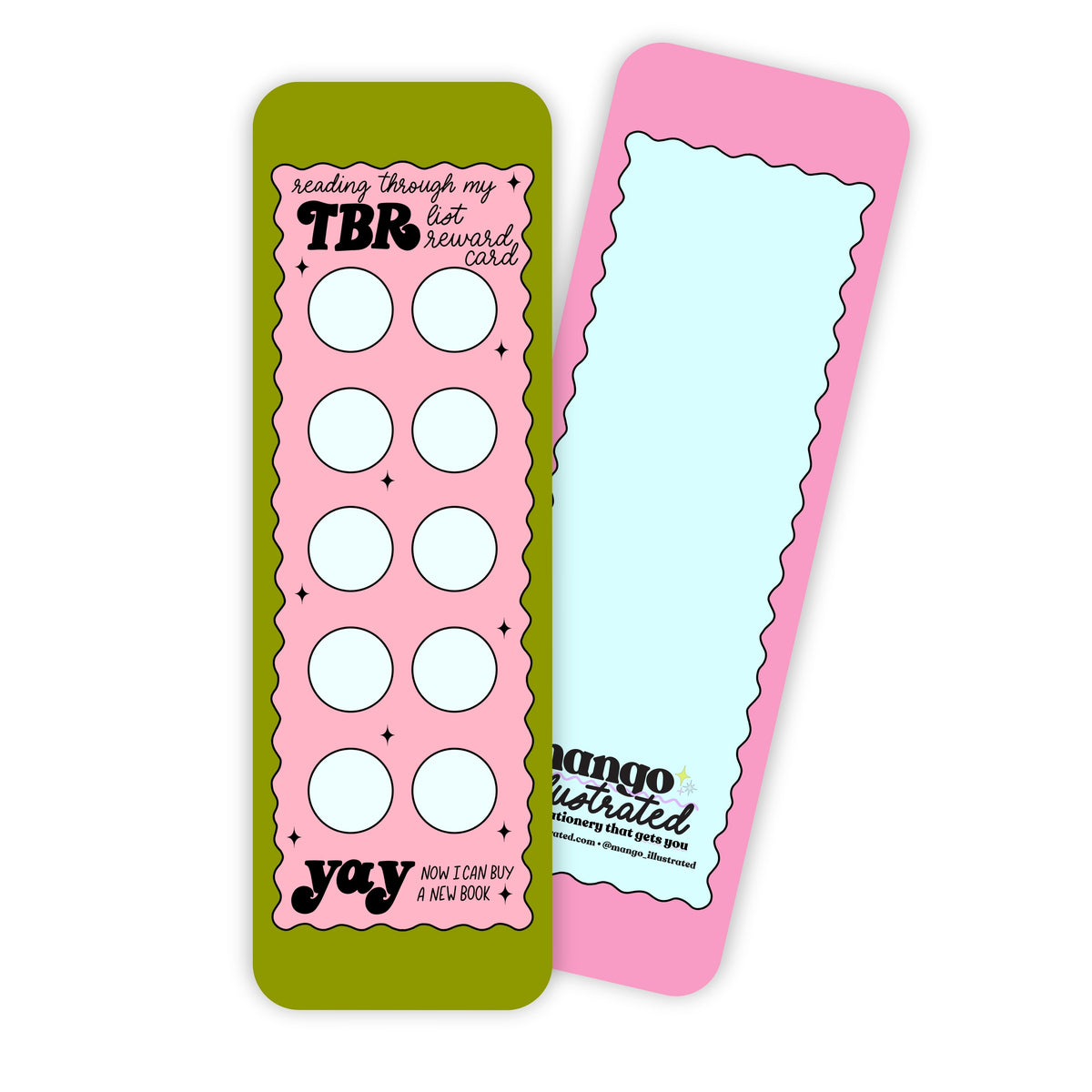 Reading Reward Bookmark — olive green and pink punch card reading tracker with pastel blue reward circles, 2x6 in, by MangoIllustrated