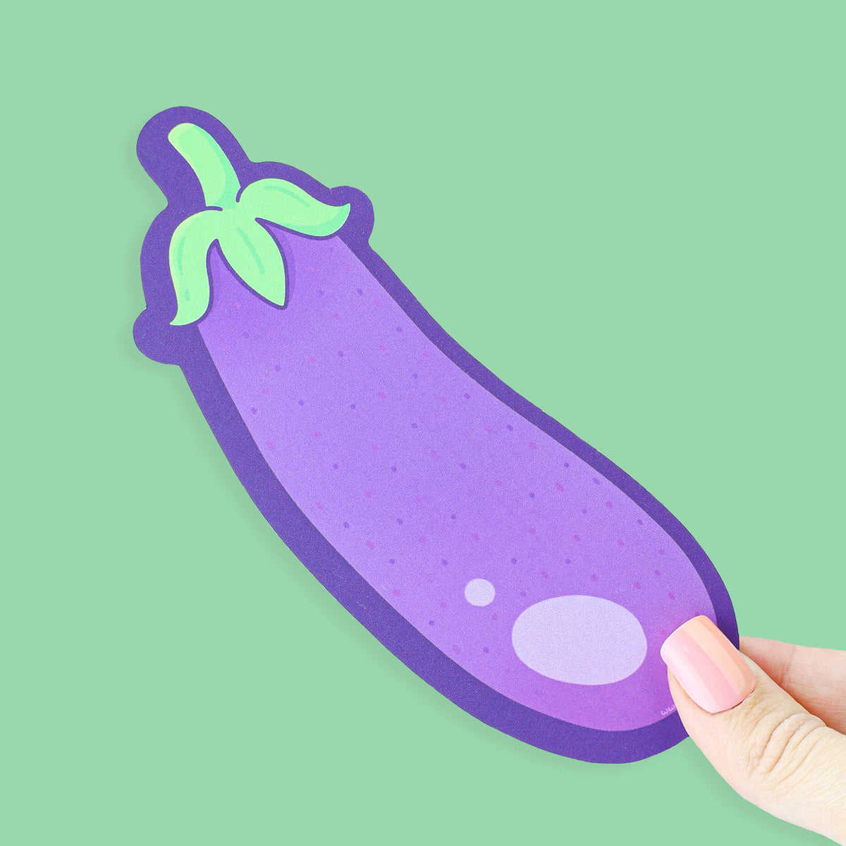Stylized purple eggplant with green stem on a green background
