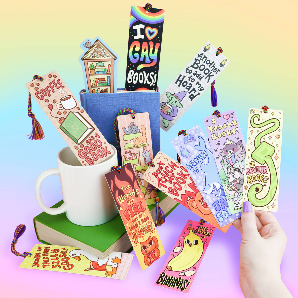 Collection of colorful bookmarks with various designs on a gradient background