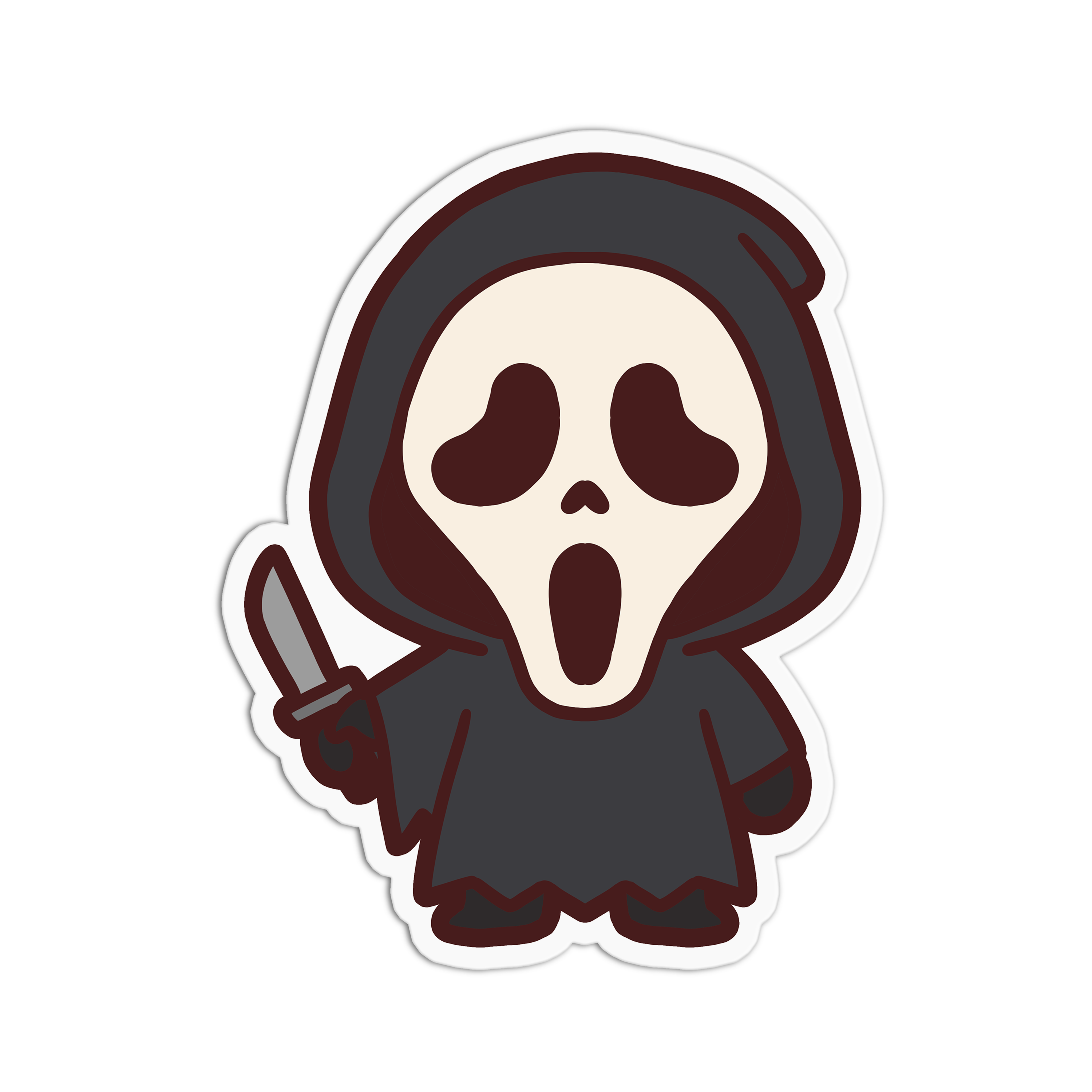 Cartoon character in a hood holding a knife on a white background