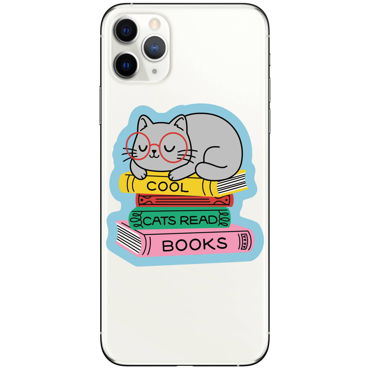 Phone case with a cat reading books design on a white background