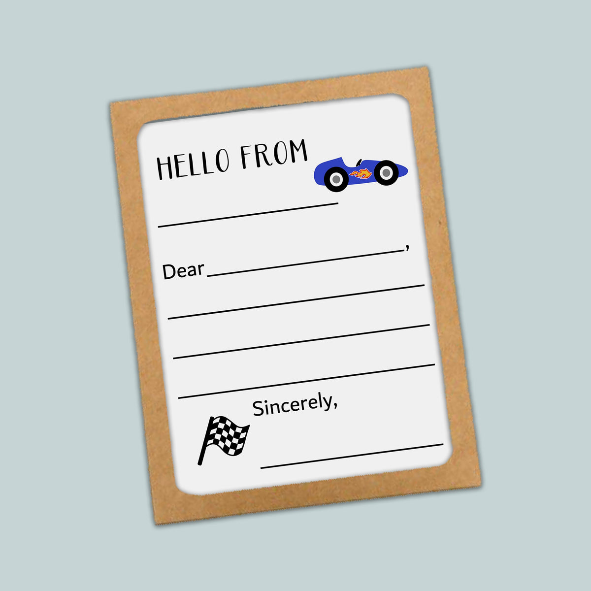 The image is a greeting card with a car illustration and a checkered flag, inviting the recipient to write a message.