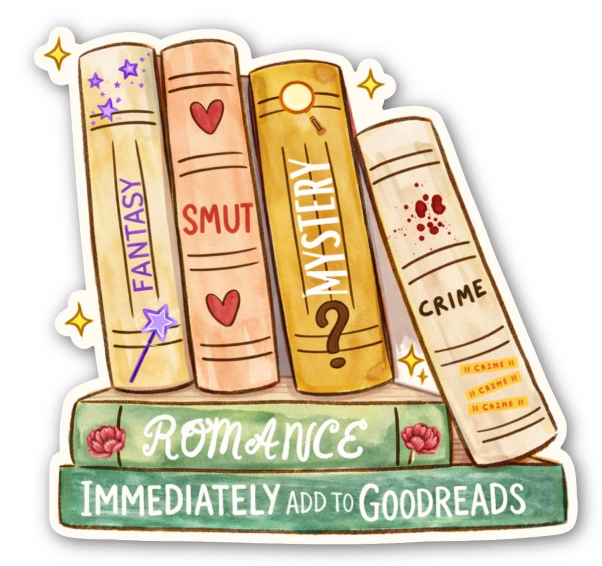 Illustration of books with genres on a white background