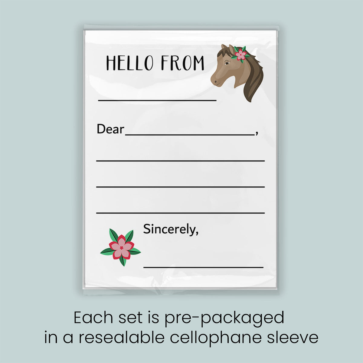 The image is a greeting card with a horse illustration and a blank space for a message. Each set is pre-packaged in a resealable cellophane sleeve.