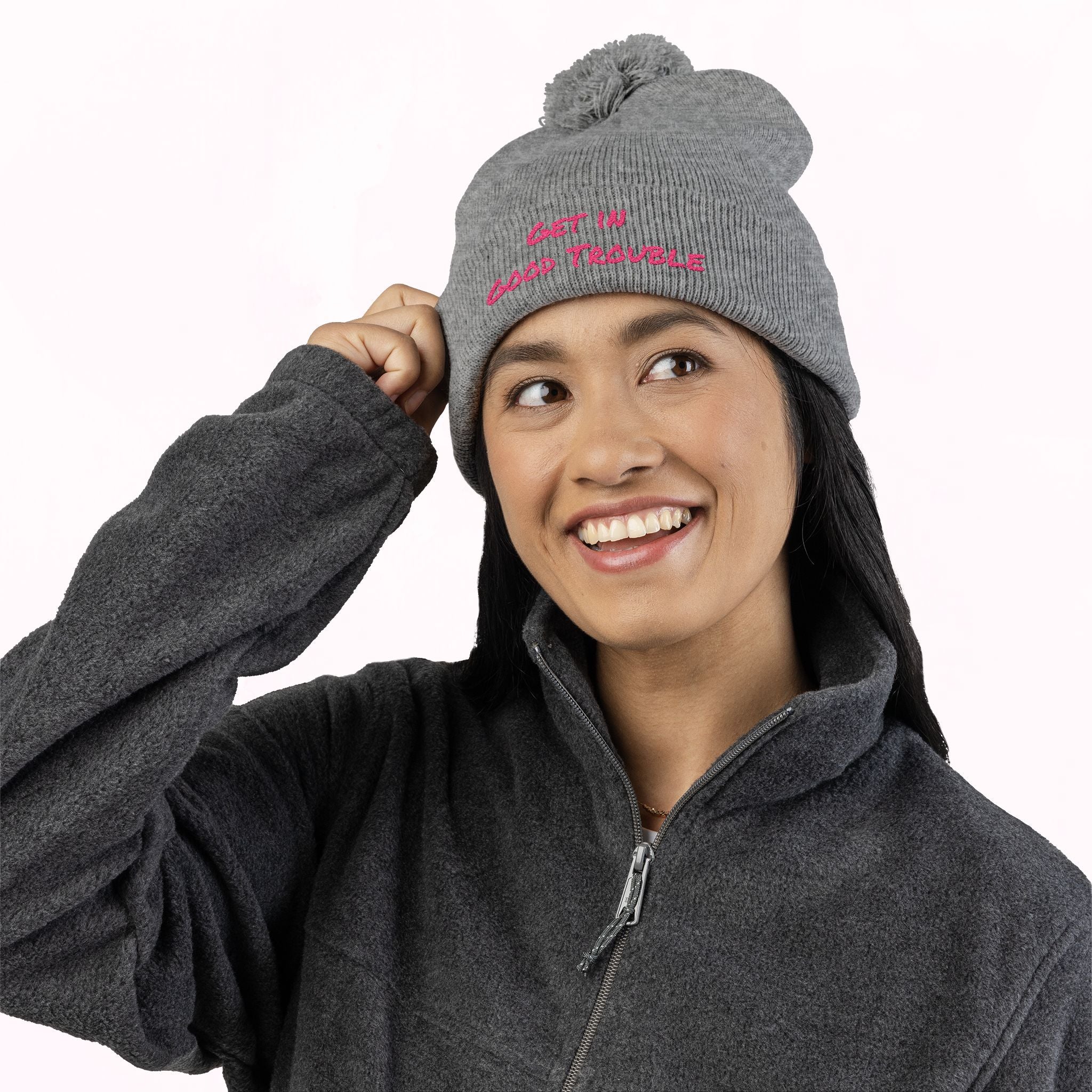 Pom-Pom Knit Cap - Embroidered &