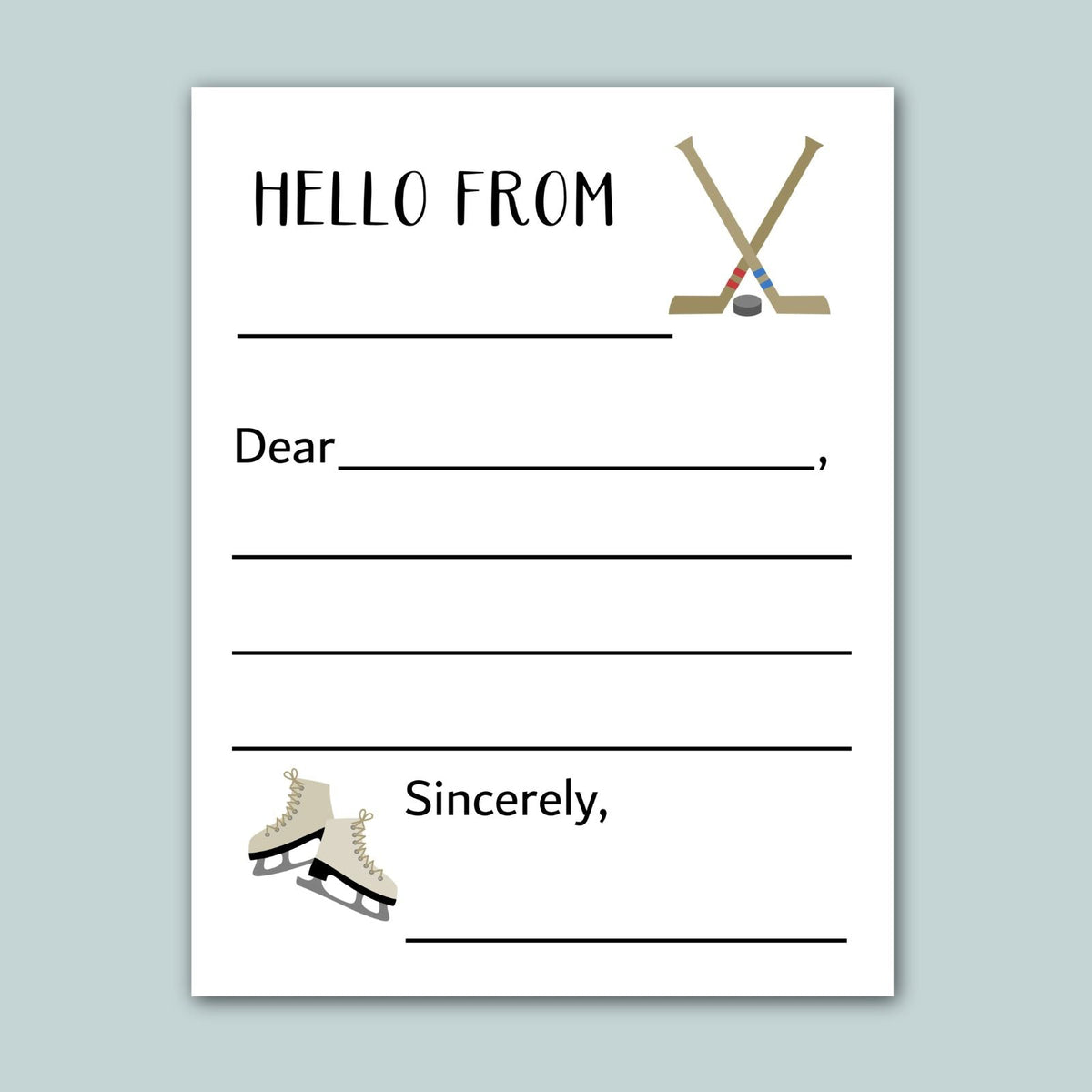 a letterhead with a hockey stick and skates, along with a blank space for a message.