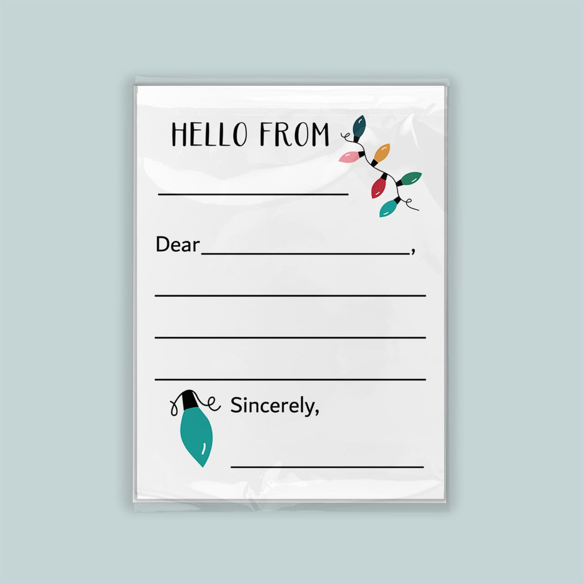 The image is a blank greeting card with a message that reads "Hello from" and a decorative element of colorful lights.