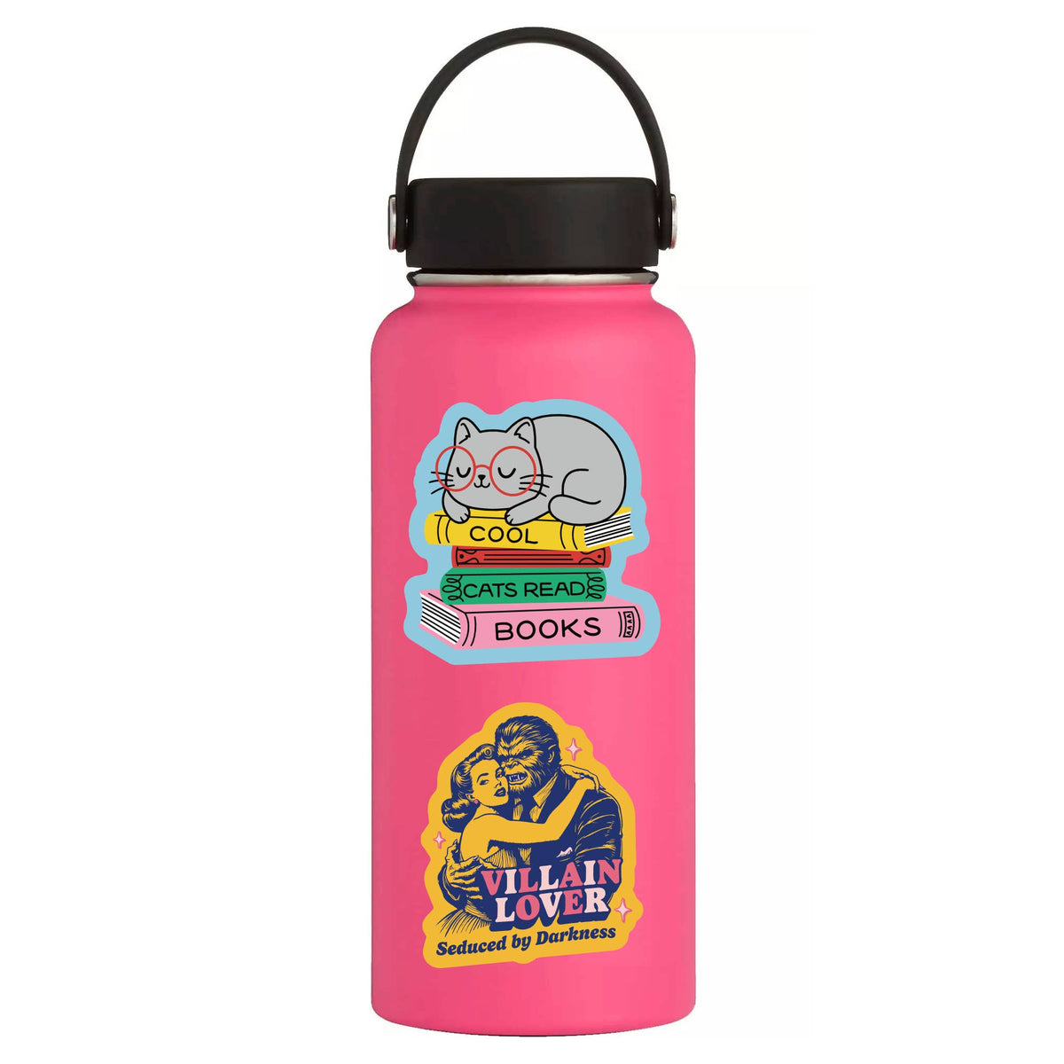 Pink water bottle with stickers featuring a cat and a villain on a white background