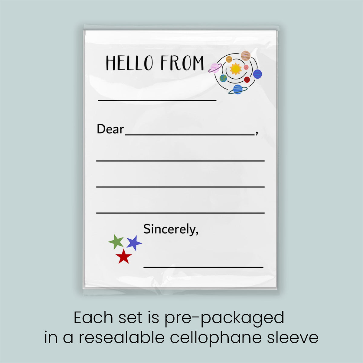 The image is a pre-packaged greeting card set, each set is pre-packaged in a resealable cellophane sleeve.