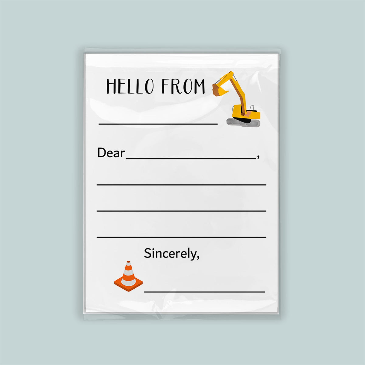 The image is a construction-themed envelope with a construction site illustration and a construction worker&