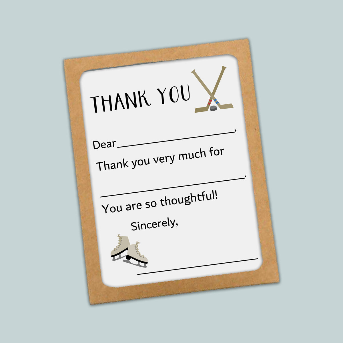 The image is a thank you card with a hockey stick and skates on the front, and it is placed on a light blue background.