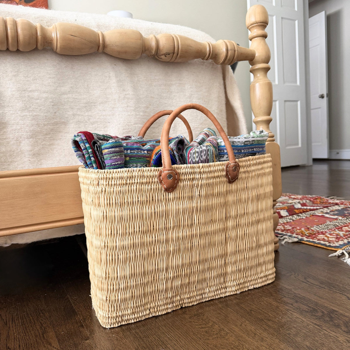 Structured Moroccan Market Basket Tote with Leather Handles