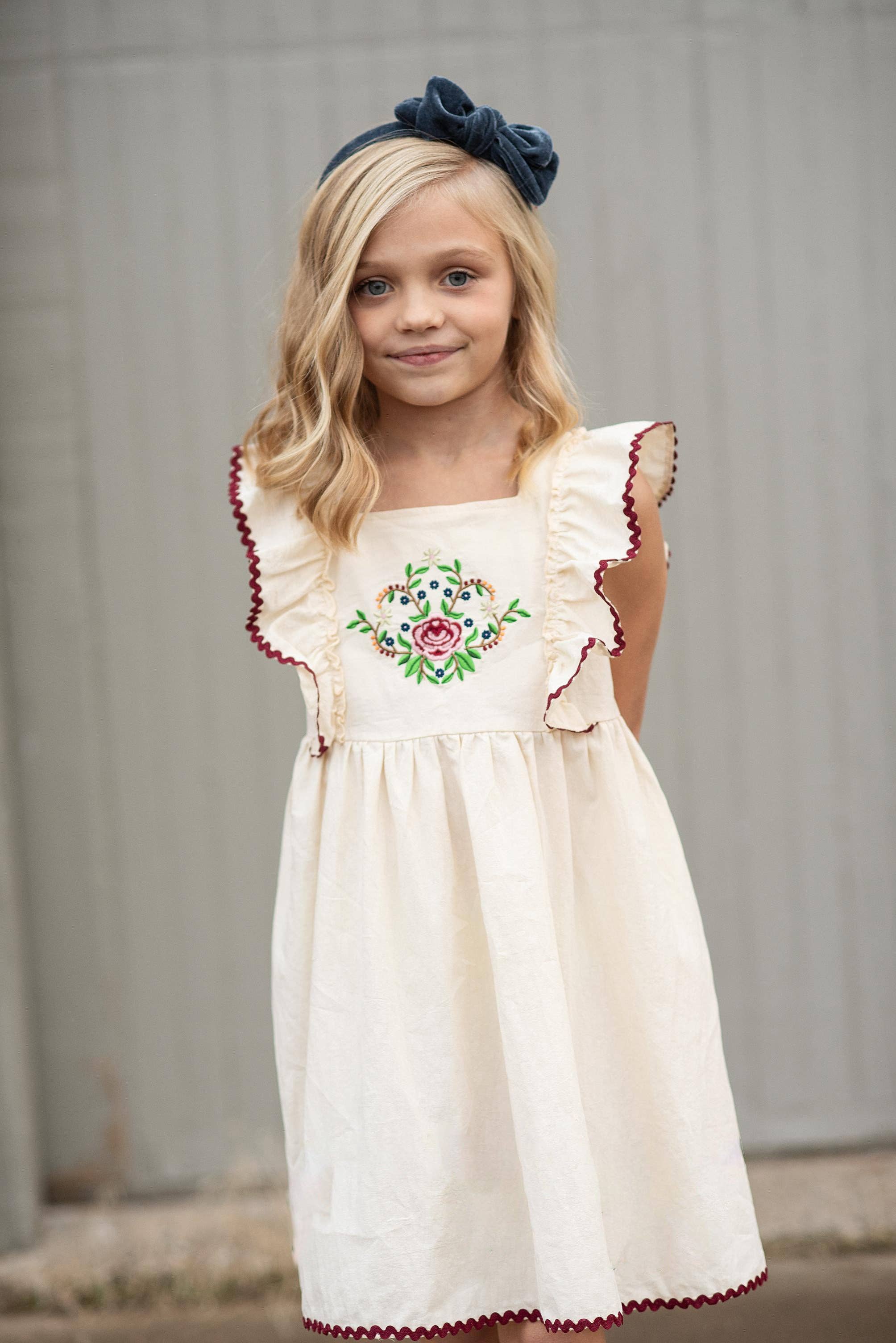 Kids Cream & Burgundy Floral Embroidered Pinafore Dress