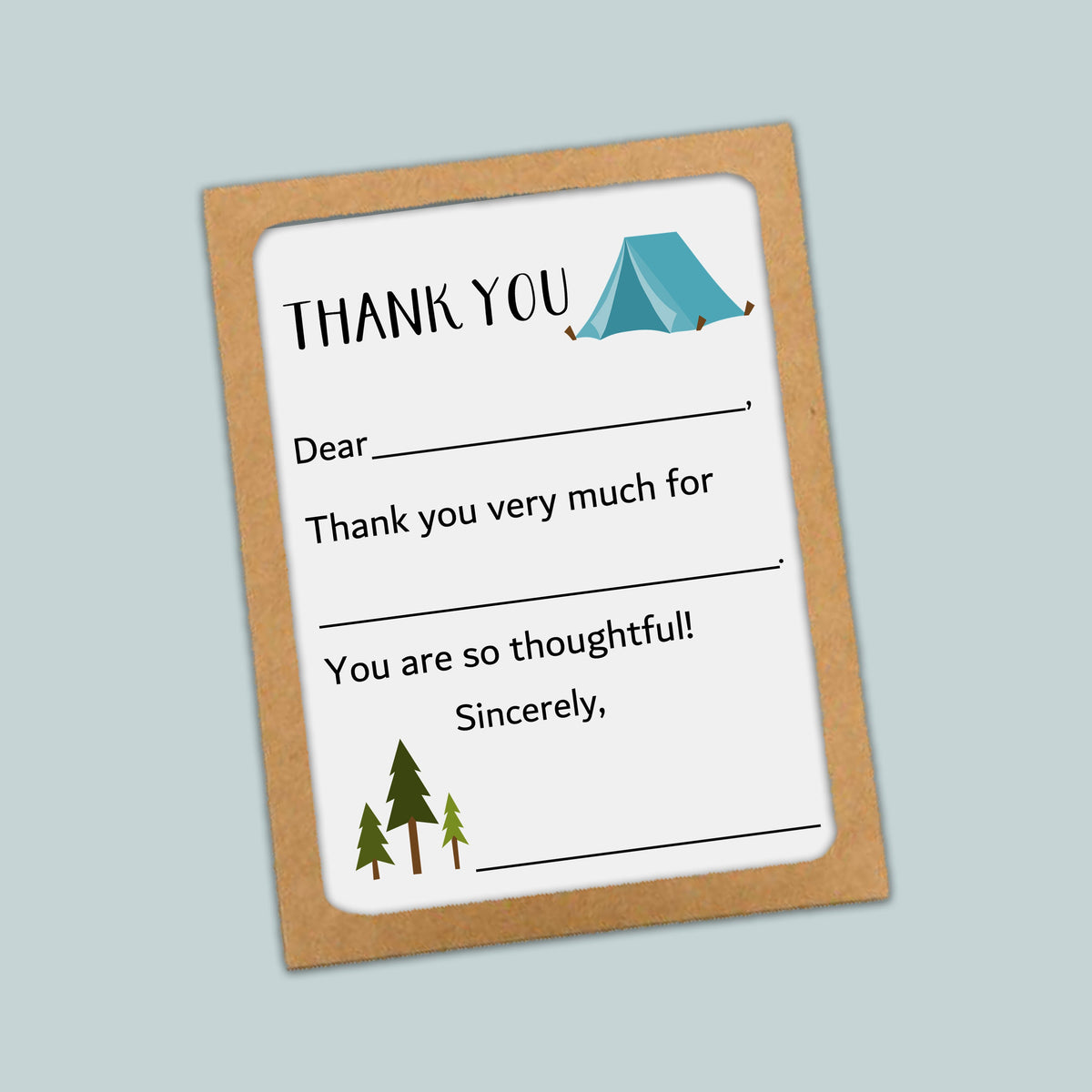 The image is a simple, handwritten thank you card with a camping tent and pine trees as the main elements. The card has a blank space for the recipient&