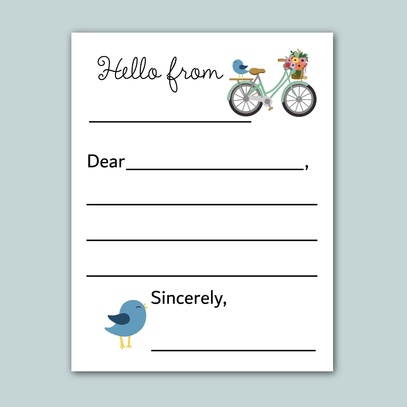 a letterhead with a bicycle and a bird on it, along with a blank space for a message. The letterhead has a simple, clean design with a light blue background.