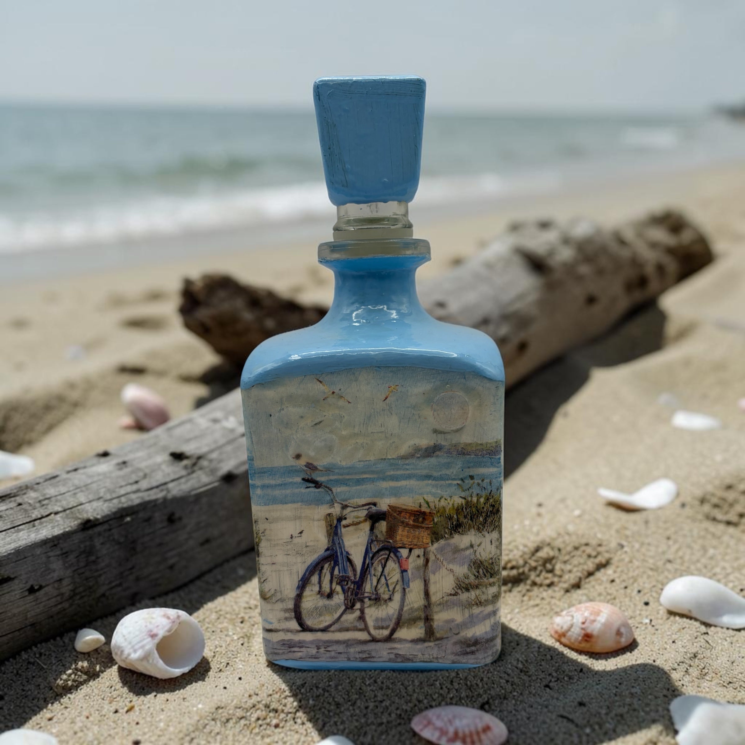Decoupaged Tequila Bottle, Blue Beach Bike Coastal Bar Decor, Refillable Liquor Bottle, Handmade Beach House Gift
