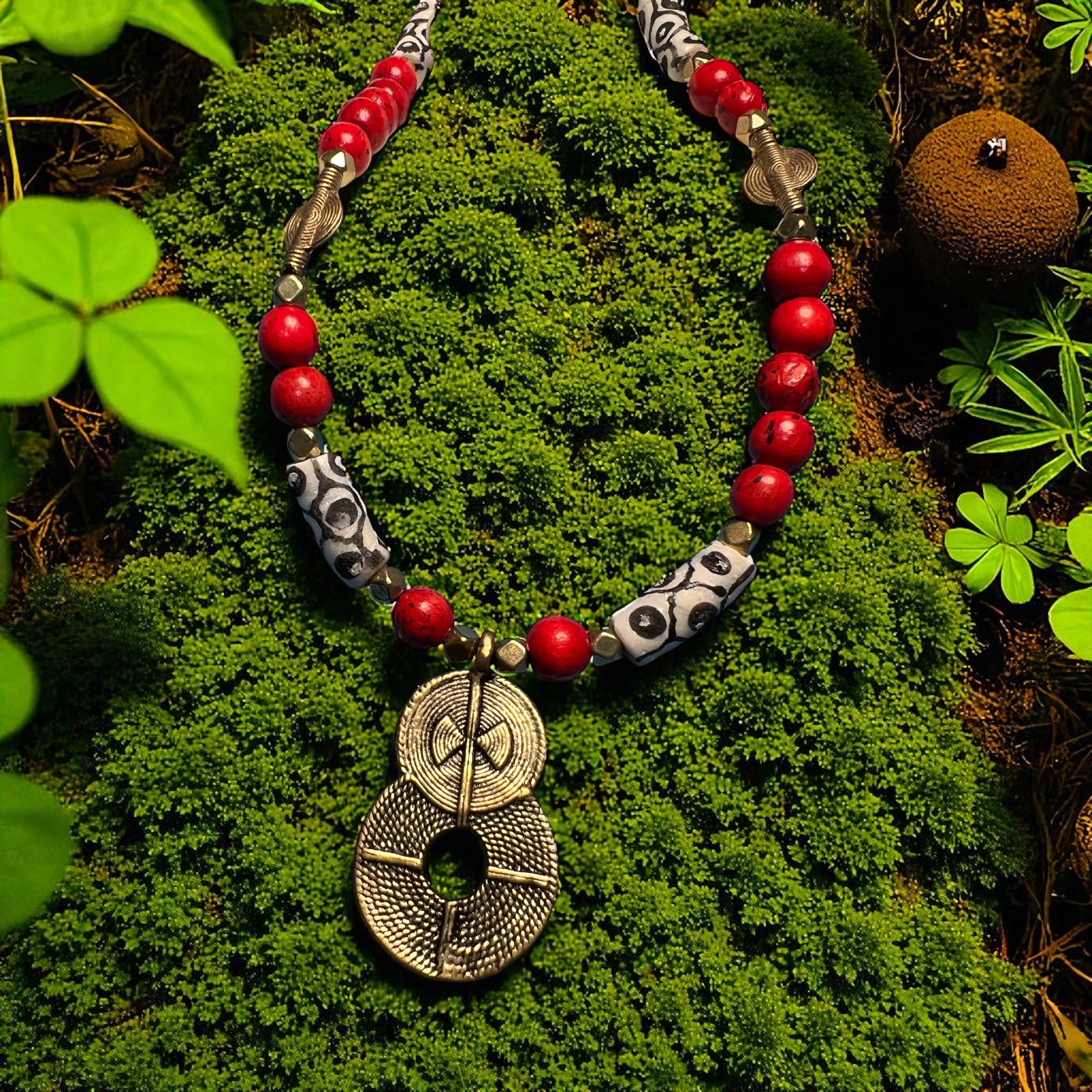African Bronze Double Sun Pendant Necklace: Eye Kobo Beads, Brass Discs