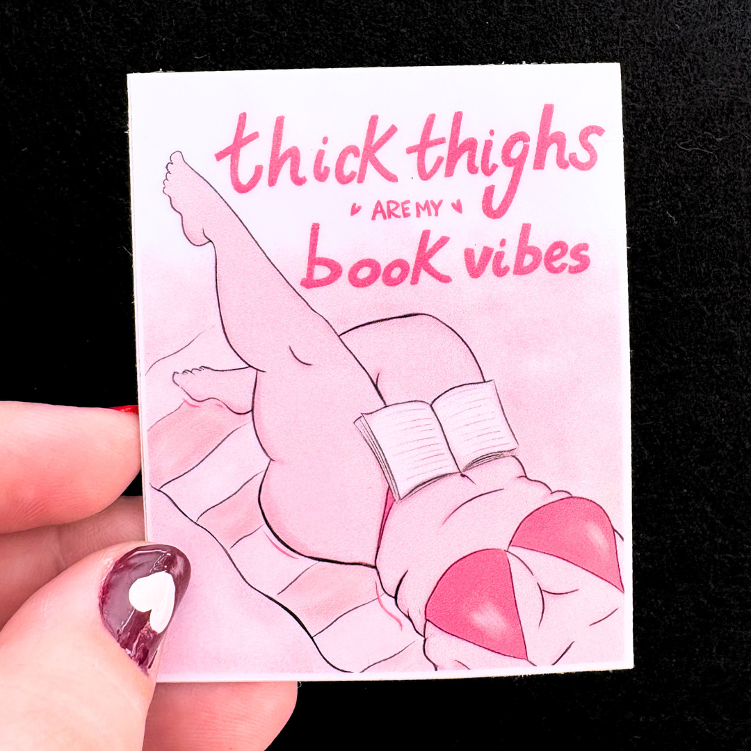 Card with illustration of legs in pink bikini holding a book, text &