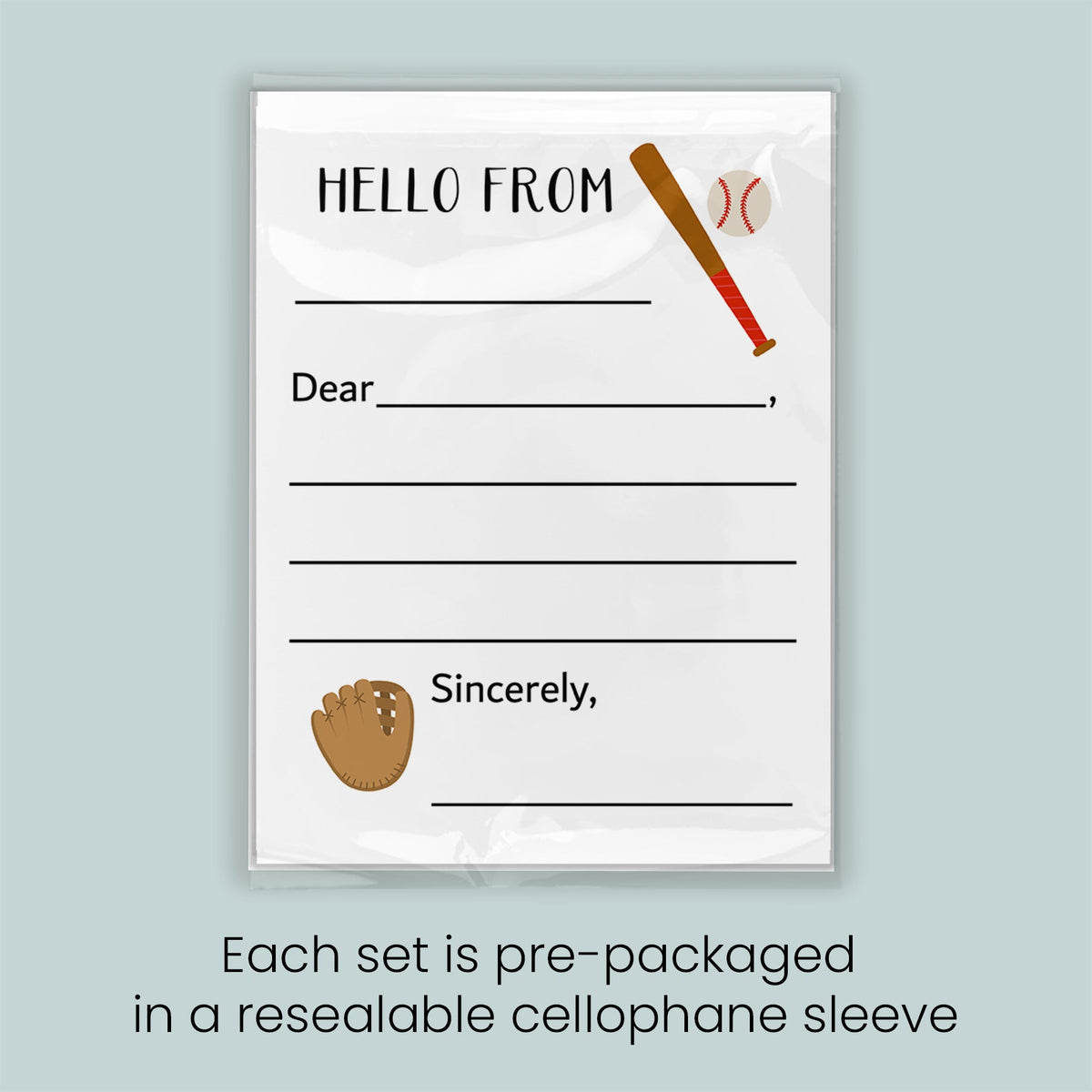 The image is a pre-packaged greeting card set that includes a baseball bat and ball, along with a blank space for a message. Each set is pre-packaged in a resealable cellophane sleeve.