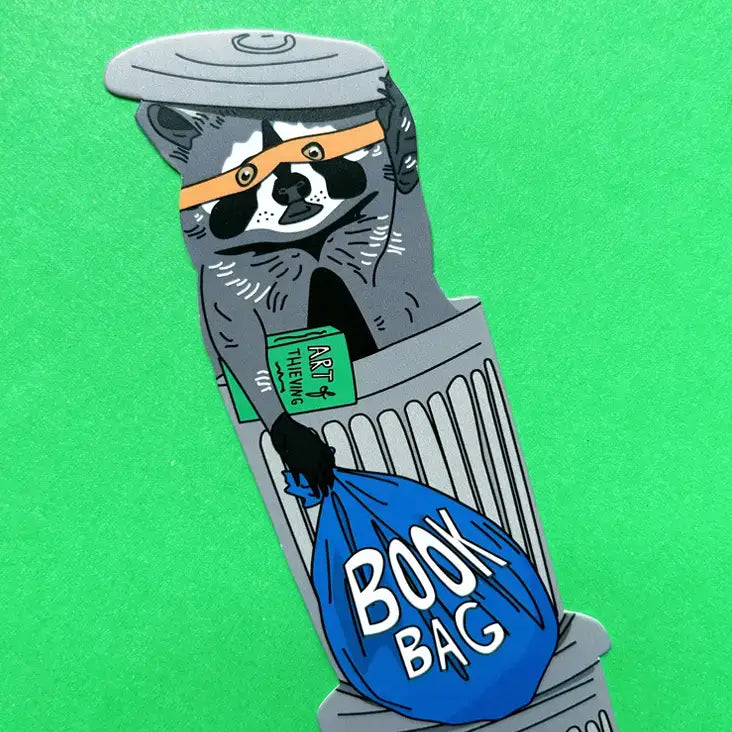 Illustration of a raccoon with a book bag on a green background